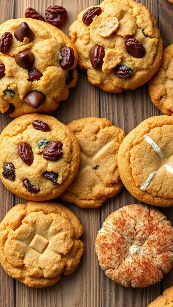 Four types of cookies: chocolate chip, oatmeal raisin, peanut butter, and snickerdoodle on a wooden table.